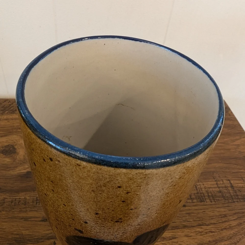 Vintage Stoneware Pottery Vase Blue Flower Decorated Vase 9.5” Tall